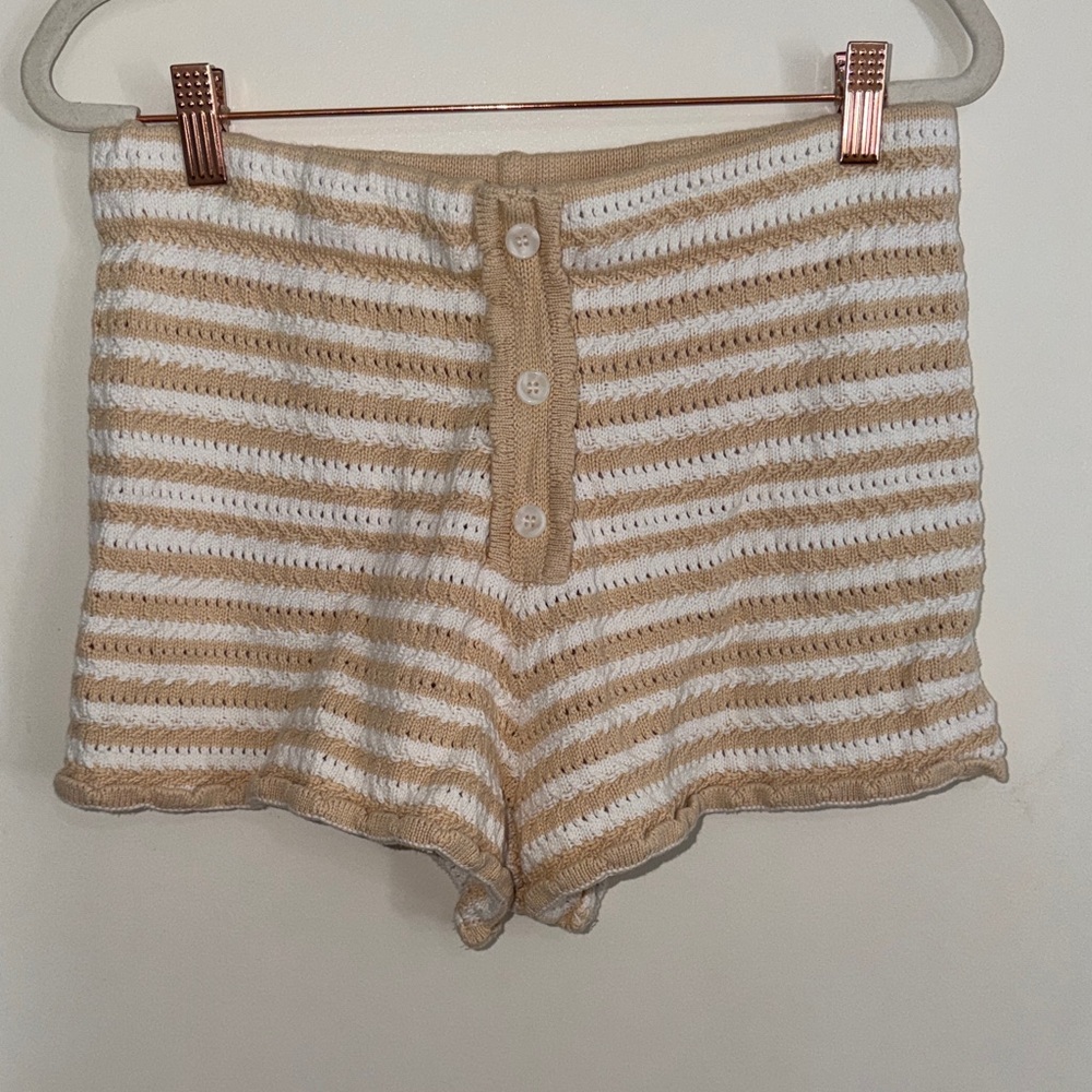 Aqua Striped High-Waist Knit Shorts in White & Tan